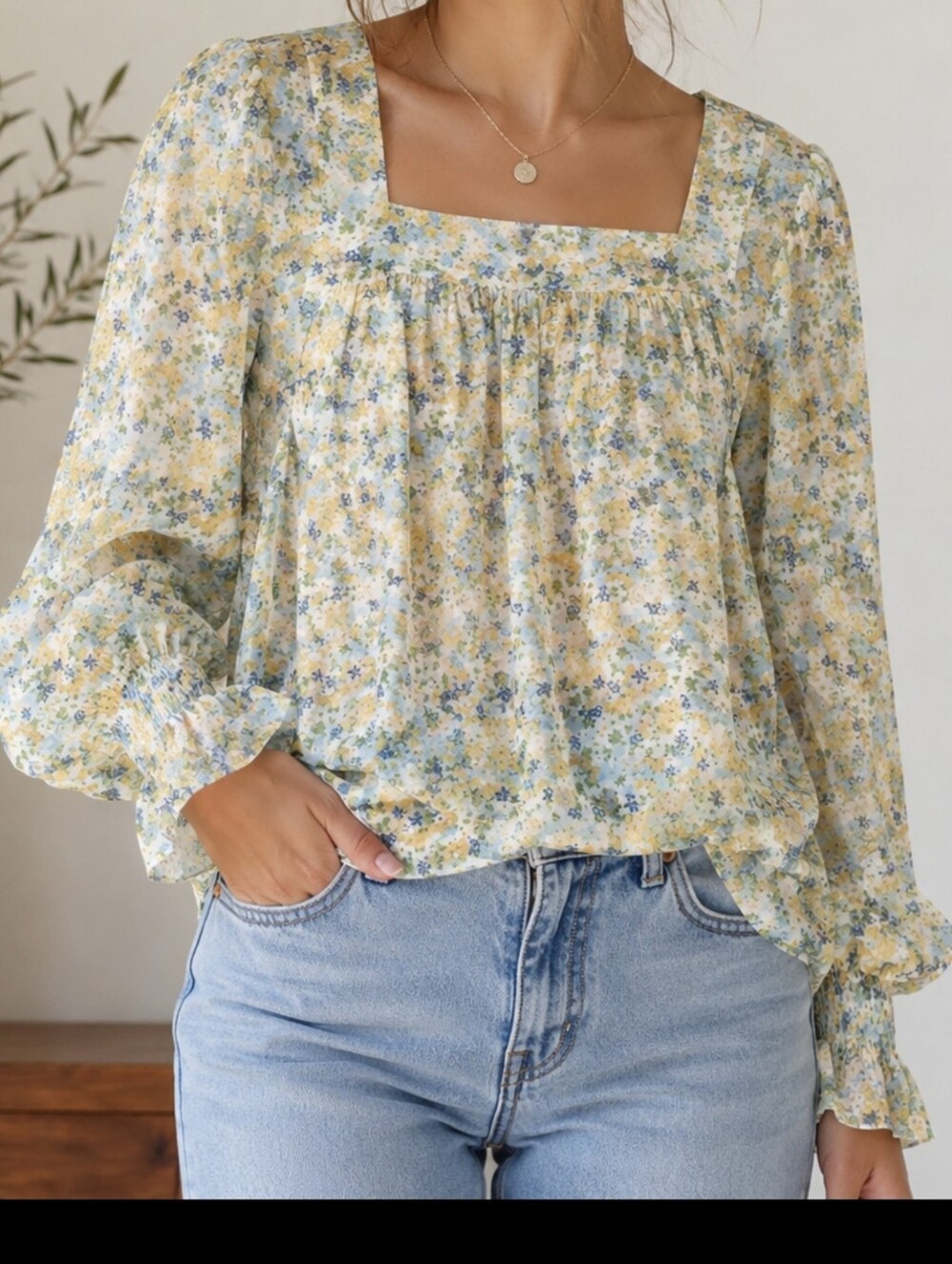 LC Lauren Conrad Yellow & Blue Floral Square-Neck Peasant Blouse